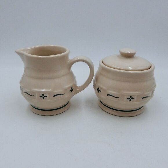 Longaberger Pottery Woven Traditions Heritage Green Sugar Bowl & Creamer Set USA - Picture 3 of 10